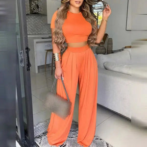Casual Outfit Sleeveless Crop Top & High Waist Pants Set