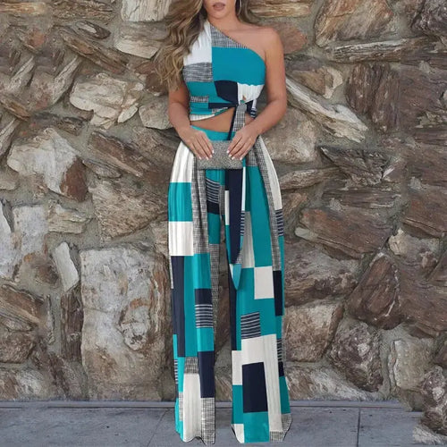 Casual Print Knotted Crop Top & Loose Fit Pants Set