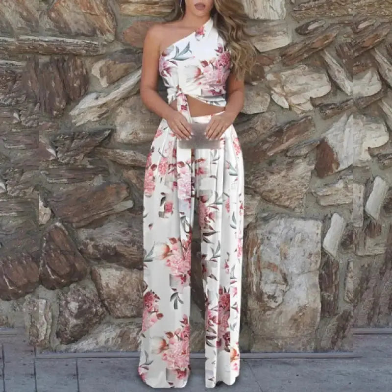 Casual Print Knotted Crop Top & Loose Fit Pants Set