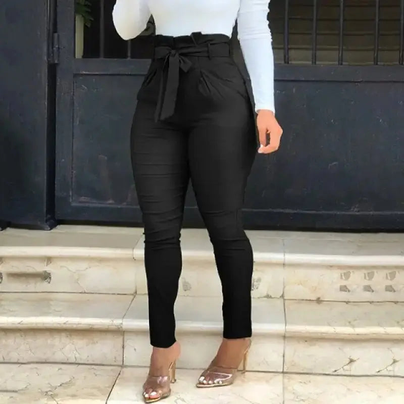 Casual Solid High Waisted Belted Pants