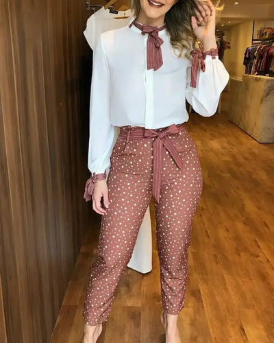 Casual Wear Tied Detail Top & Polkadot Print Pants Set