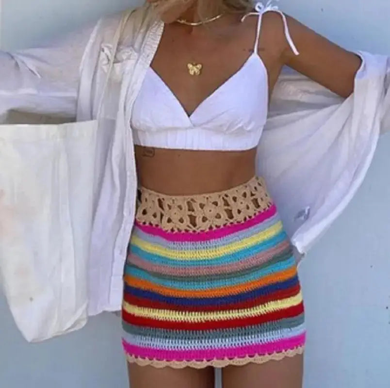 Color Block Knit High Waist Bodycon Mini Skirt