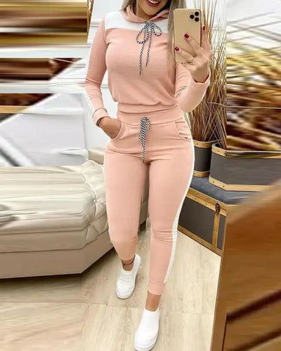 Colorblock Hooded Top & Drawstring Pants Set