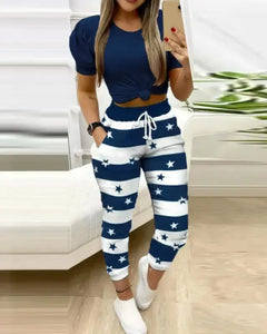 Colorblock Star Print Drawstring Skinny Pants Set