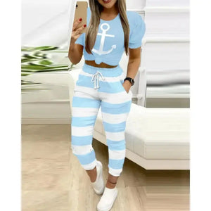 Colorblock Star Print Drawstring Skinny Pants Set