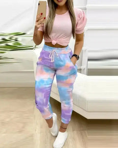 Colorblock Star Print Drawstring Skinny Pants Set