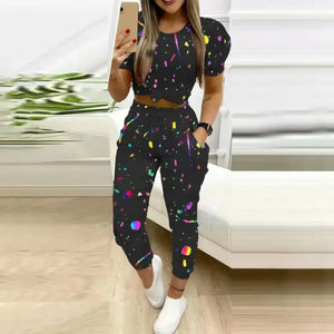 Colorblock Star Print Drawstring Skinny Pants Set