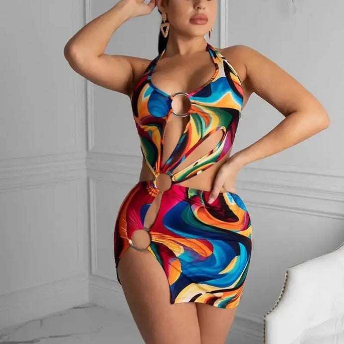 Colorful Print Slit Cut Out Dress