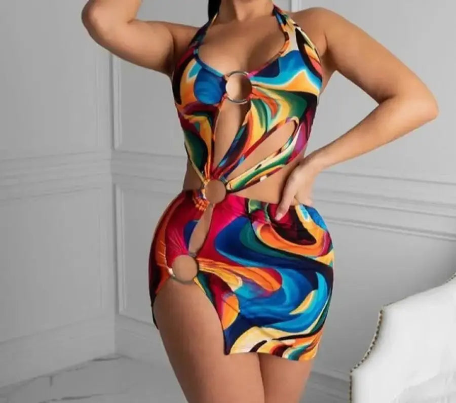 Colorful Print Slit Cut Out Dress