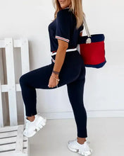 Load image into Gallery viewer, Contrast Binding Short Sleeve Top &amp; Pockets Design Pants Sets
