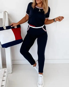 Contrast Binding Short Sleeve Top & Pockets Design Pants Sets
