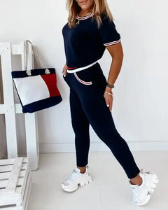 Contrast Binding Short Sleeve Top & Pockets Design Pants Sets