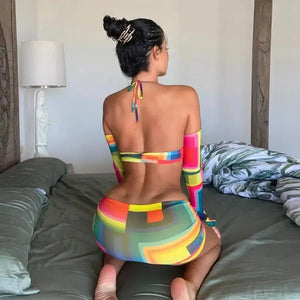 Contrast Color Print Chain Halter Bodycon Dress