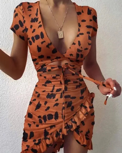 Cutout Ruffles Ruched Lace-up V-neck Irregular Hem Dress