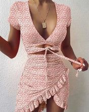 Load image into Gallery viewer, Cutout Ruffles Ruched Lace-up V-neck Irregular Hem Dress