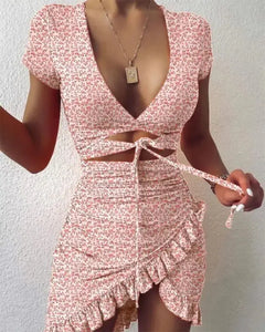 Cutout Ruffles Ruched Lace-up V-neck Irregular Hem Dress