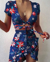 Load image into Gallery viewer, Cutout Ruffles Ruched Lace-up V-neck Irregular Hem Dress