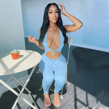 Load image into Gallery viewer, Deep V Neck Halter Solid Color Backless Hollow Out Jumpsuit