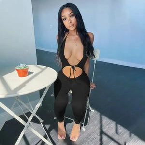 Deep V Neck Halter Solid Color Backless Hollow Out Jumpsuit