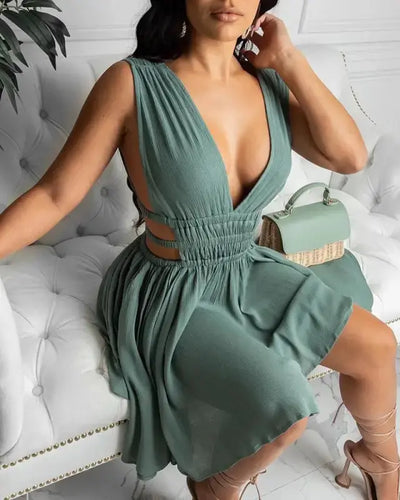 Deep V-Neck Plunge Cutout Ruched Backless Dress