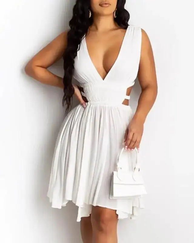 Deep V-Neck Plunge Cutout Ruched Backless Dress