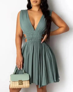 Deep V-Neck Plunge Cutout Ruched Backless Dress