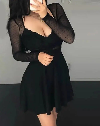 Dot Mesh Ruffles Long Sleeve Dress