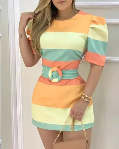 Elegant Half Sleeve Colorblock Striped Bodycon Dress
