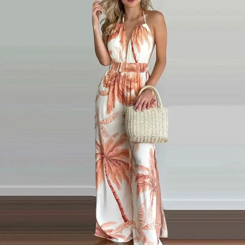 Elegant Sleeveless Halter V Neck Open Back Wide Leg Jumpsuit