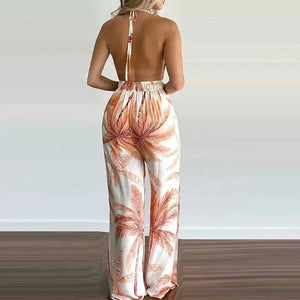 Elegant Sleeveless Halter V Neck Open Back Wide Leg Jumpsuit