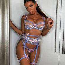 Load image into Gallery viewer, Embroidery Bow Lace Transparent Floral Bra Underwire &amp; Panty Lingerie Set