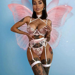 Embroidery Pink Floral transparent bra & Panty Lingerie Set
