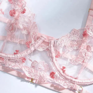 Embroidery Pink Floral transparent bra & Panty Lingerie Set