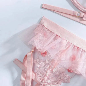 Embroidery Pink Floral transparent bra & Panty Lingerie Set