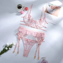 Load image into Gallery viewer, Embroidery Pink Floral transparent bra &amp; Panty Lingerie Set