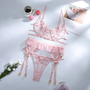 Embroidery Pink Floral transparent bra & Panty Lingerie Set