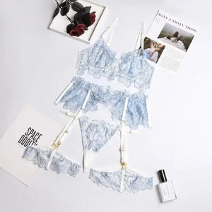 Embroidery Transparent 3 Piece Lace Lingerie Set