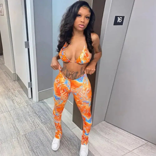 Fashion Printed Bra Crop Top and Pants Set