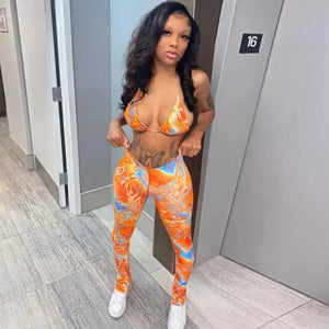 Fashion Printed Bra Crop Top and Pants Set