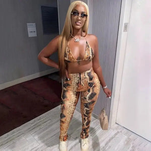 Fashion Printed Bra Crop Top and Pants Set