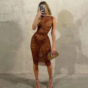 Fashion Swirl Print Mesh See Through Midi Dress
