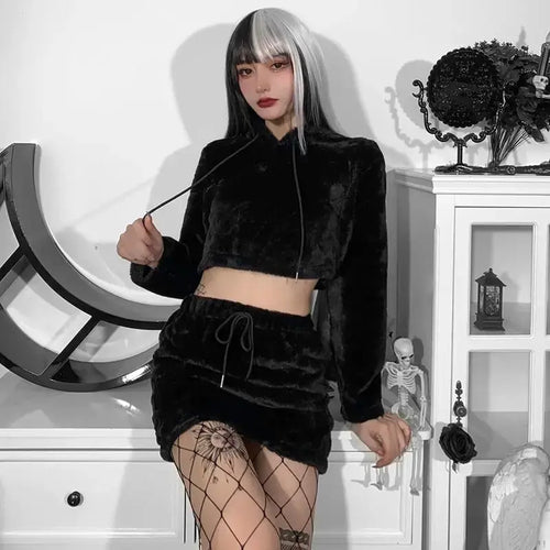 Faux Harajuku Long Sleeve Crop Top Hoodie & Grunge High Waist Mini Skirt