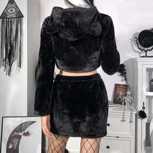 Faux Harajuku Long Sleeve Crop Top Hoodie & Grunge High Waist Mini Skirt