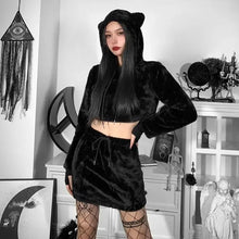 Load image into Gallery viewer, Faux Harajuku Long Sleeve Crop Top Hoodie &amp; Grunge High Waist Mini Skirt