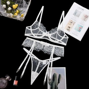 Floral Embrodiery Lace Transparent Bra & Thong Lingerie Set