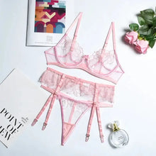Load image into Gallery viewer, Floral Embrodiery Lace Transparent Bra &amp; Thong Lingerie Set