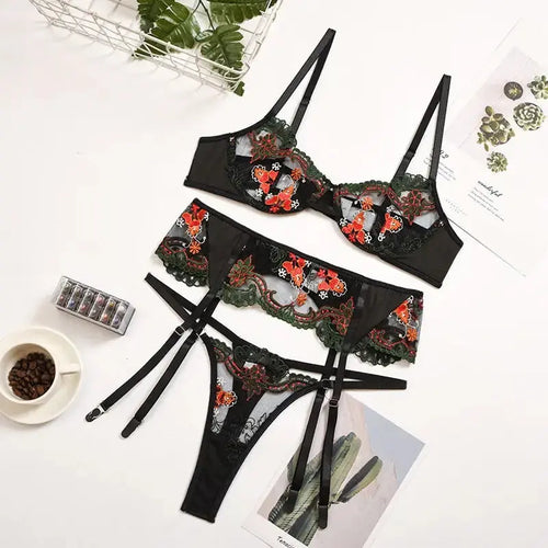 Floral Lace Push up Embroidery Bra and Thong 3 Pc Set