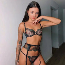 Load image into Gallery viewer, Floral Lace Push up Embroidery Bra and Thong 3 Pc Set