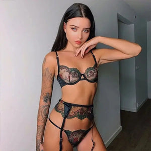 Floral Lace Push up Embroidery Bra and Thong 3 Pc Set