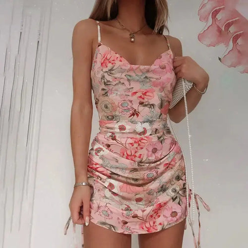 Floral Print Drawstring Spaghetti Strap Ruched Mini Dress